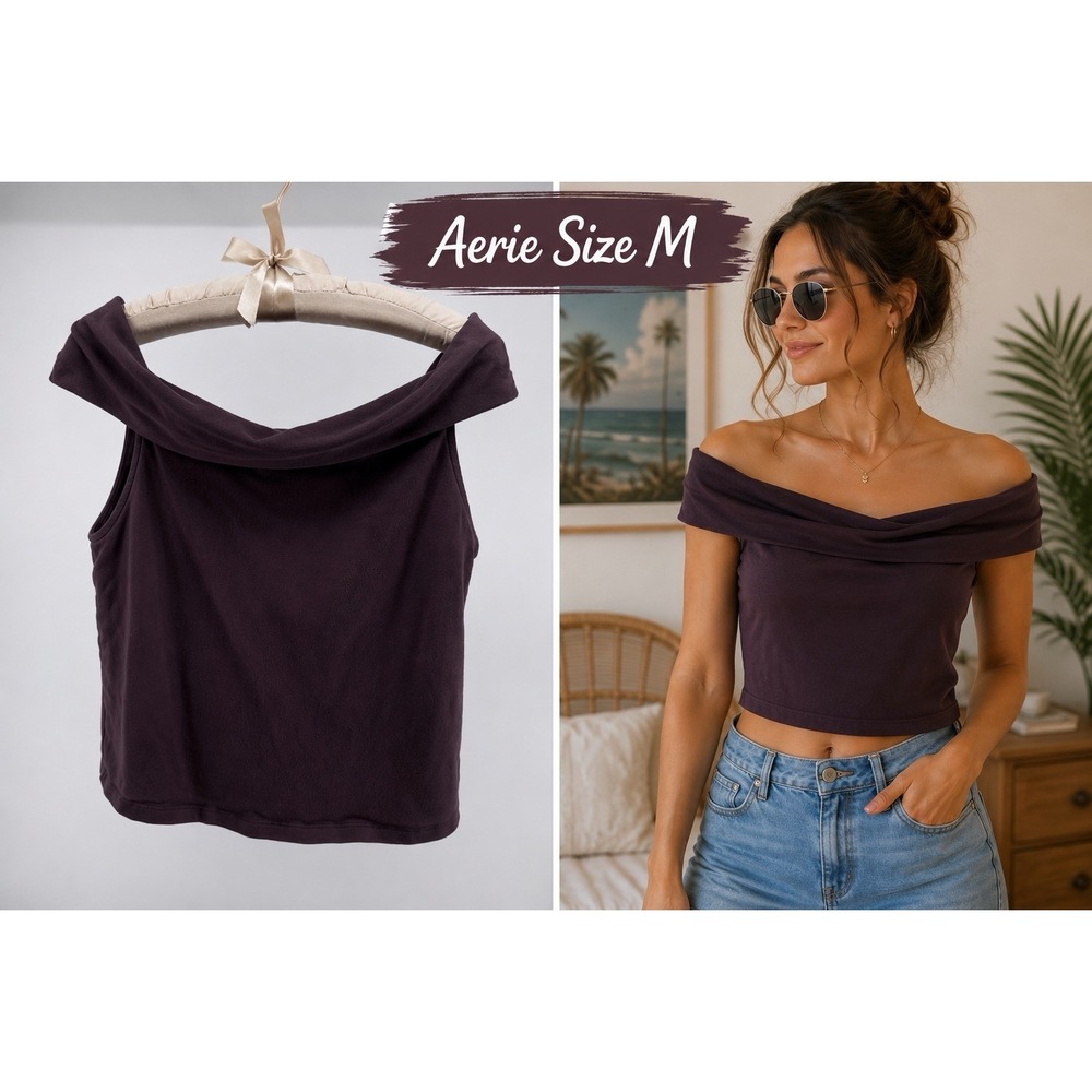 Aerie Off Shoulder Crop Top Women's Medium Brown Sleeveless Stretch Festival